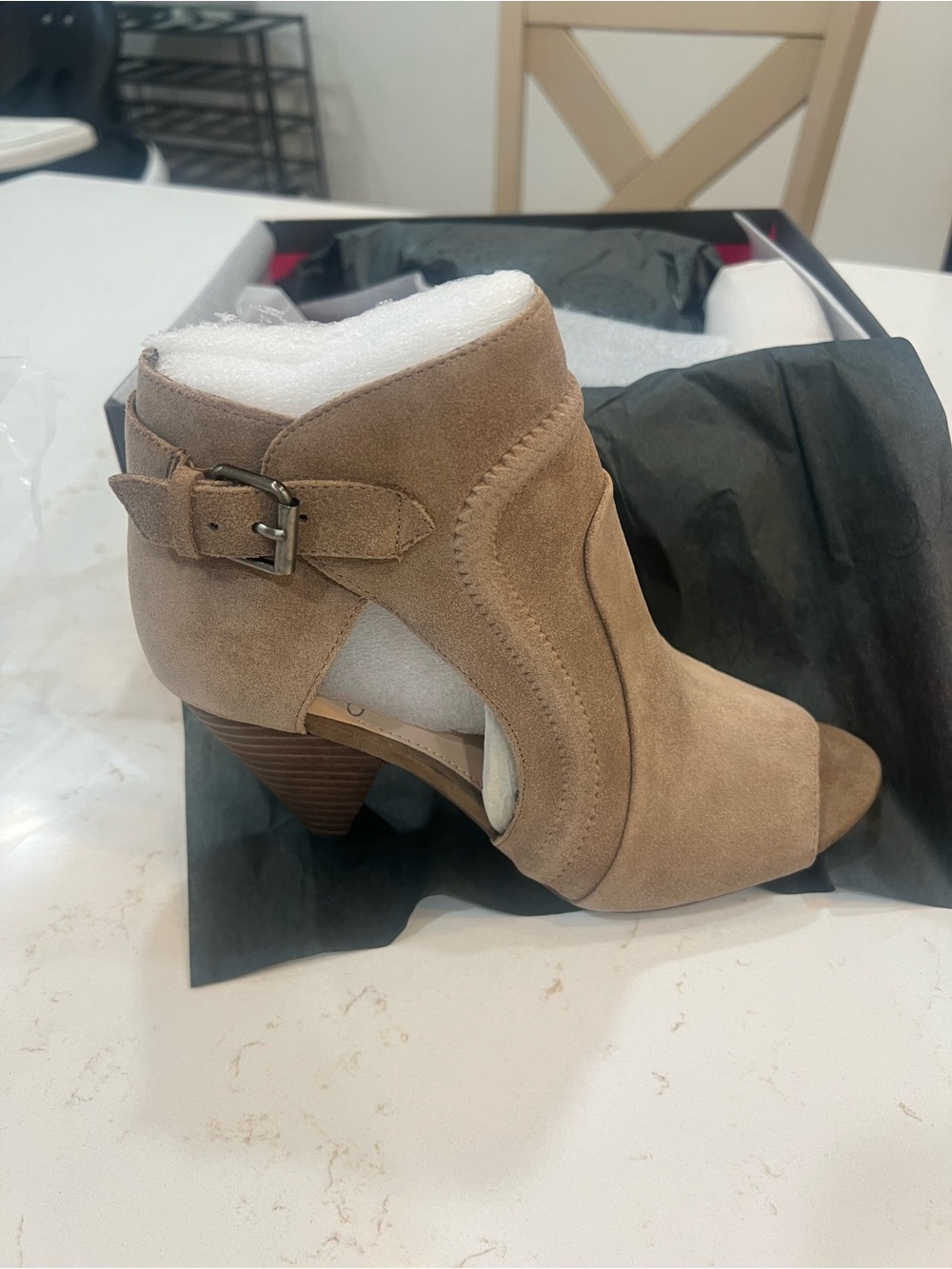 Vince Camuto Tan Suede Peep-Toe Cutout Ankle Mule with Buckle